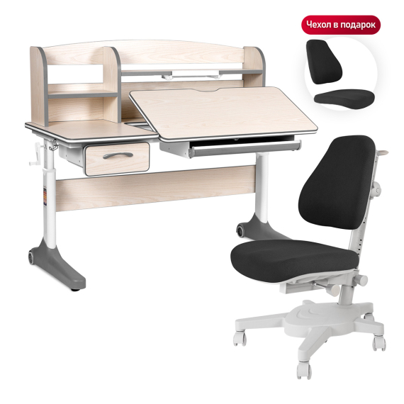 Комплект Anatomica Uniqa парта + кресло + надстройка + подставка для книг клен/серый с черным креслом Armata