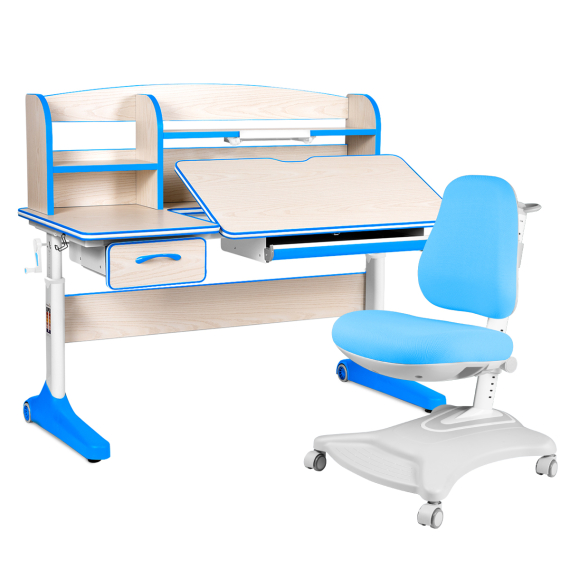 Комплект Anatomica Uniqa парта + кресло + надстройка + подставка для книг клен/голубой с голубым креслом Robin